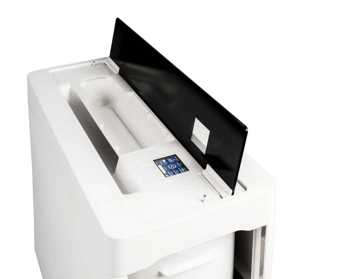 Top view of the BRUNE B 600 Professional Humidifier with open top cover showing the touch display.